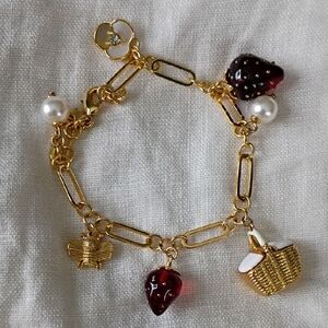 kate spade Gold Charm Bracelet with Red Strawberry Charms and Pearl Accents